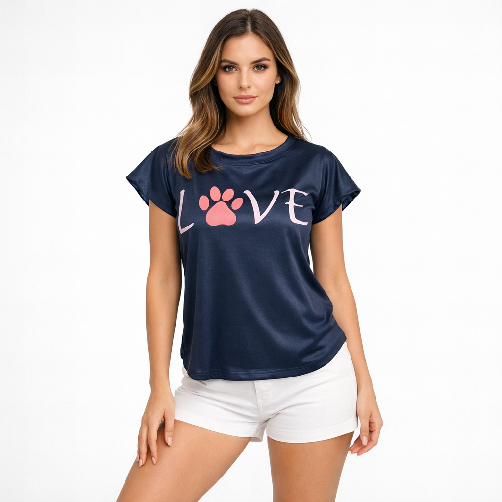 Blusa Feminina Love Patinha Estampada Manga Curta Casual Confortável