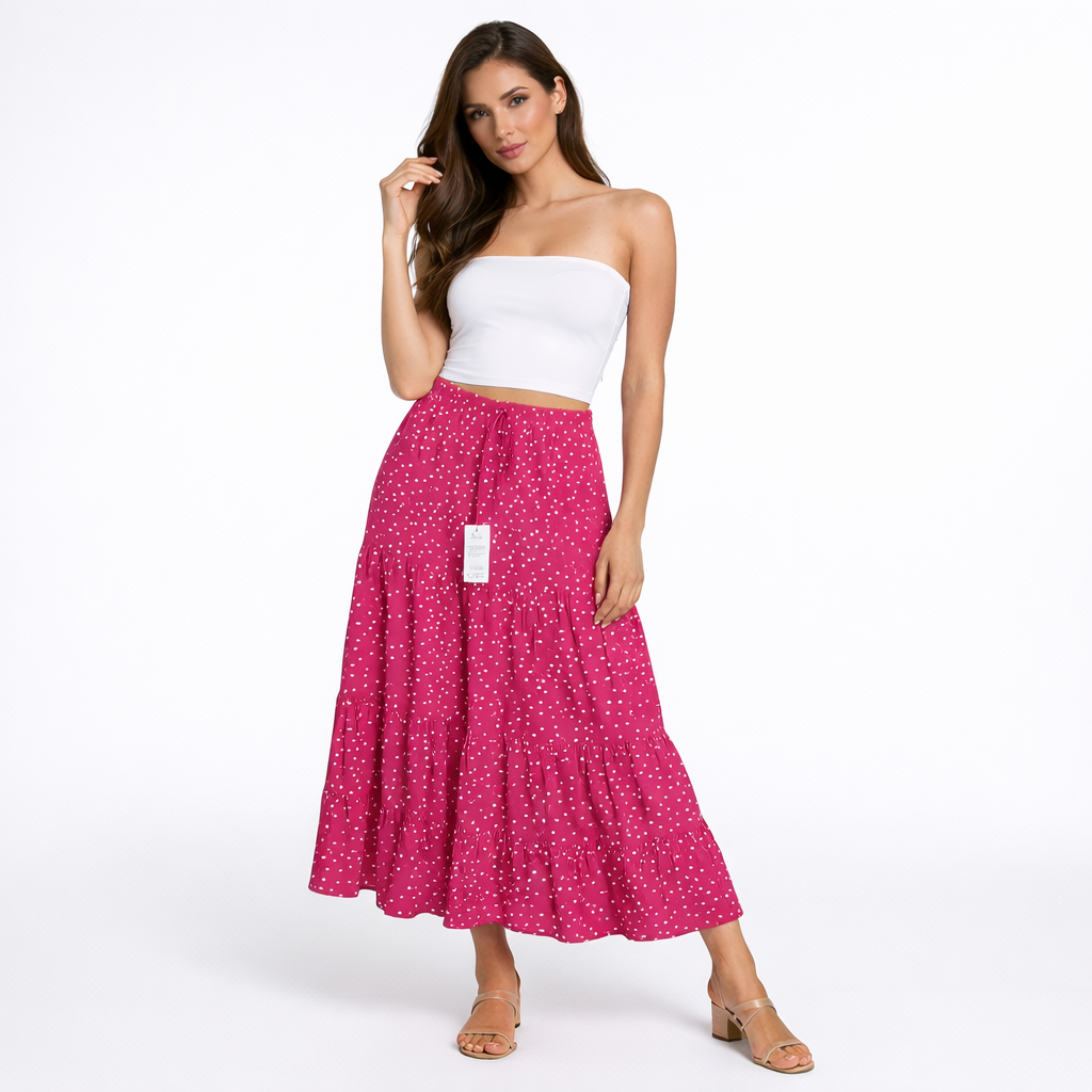 Saia Longa Feminina Estampada Poá Cintura Alta com Amarração Casual