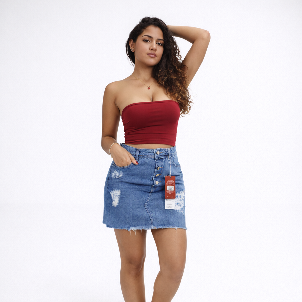 Saia Jeans Feminina Cintura Alta com Botões Frontais e Detalhe Destroyed