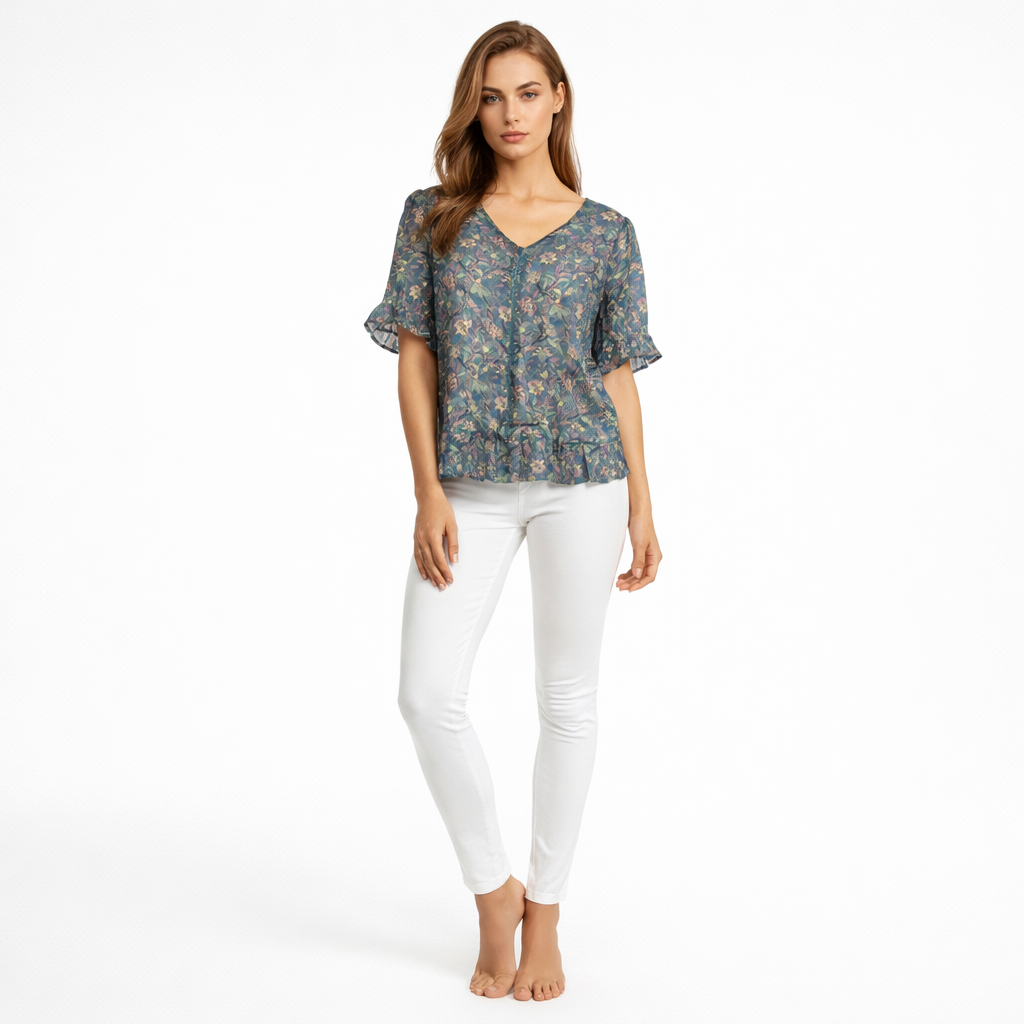 Blusa Feminina Estampada Manga Curta Soltinha Decote V Tecido Leve Elegante