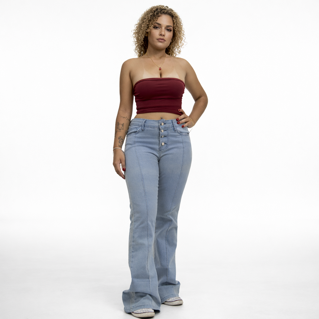 Calça Jeans Cintura Alta com Botões Frontais