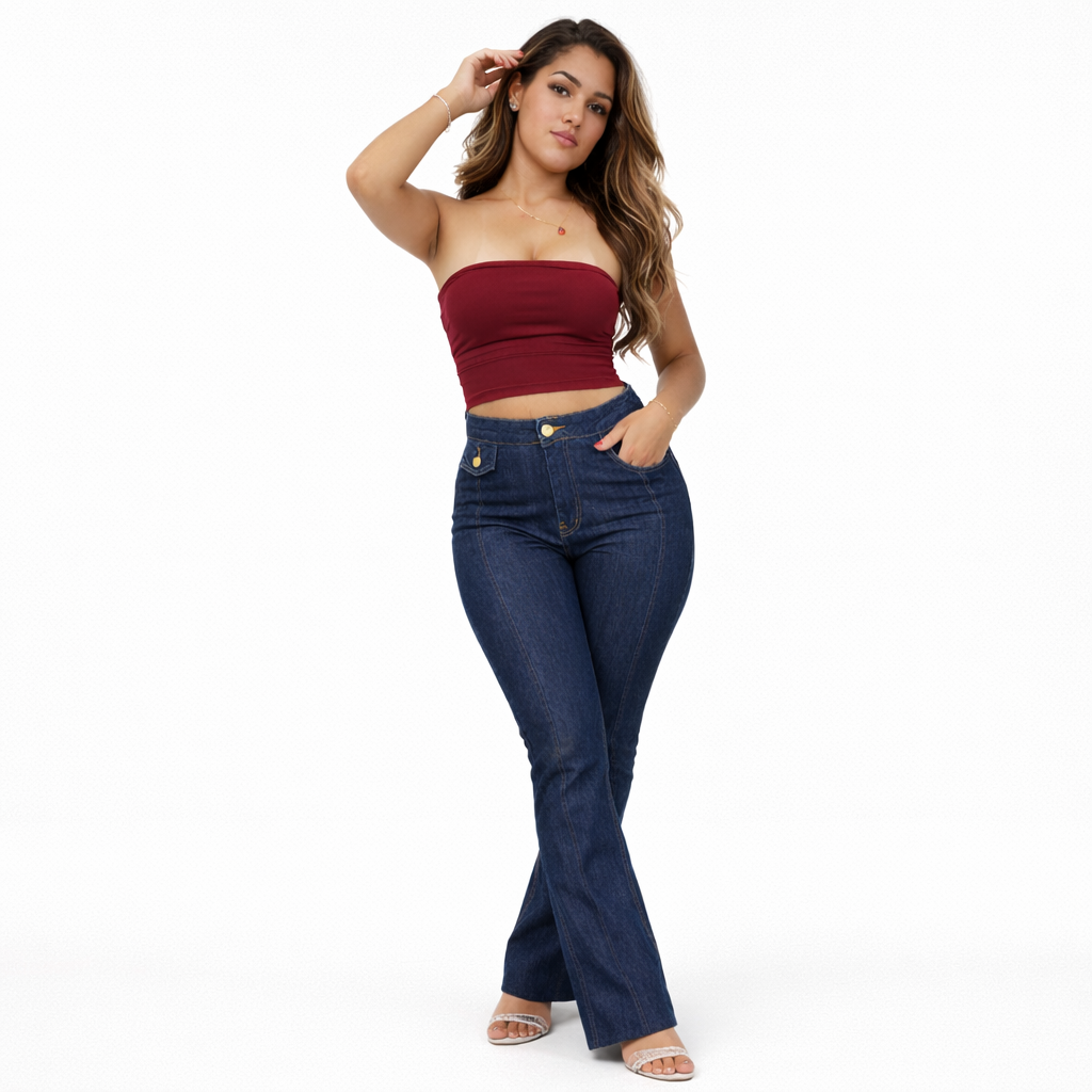 Calça Jeans Feminina Flare Cintura Alta com Botões