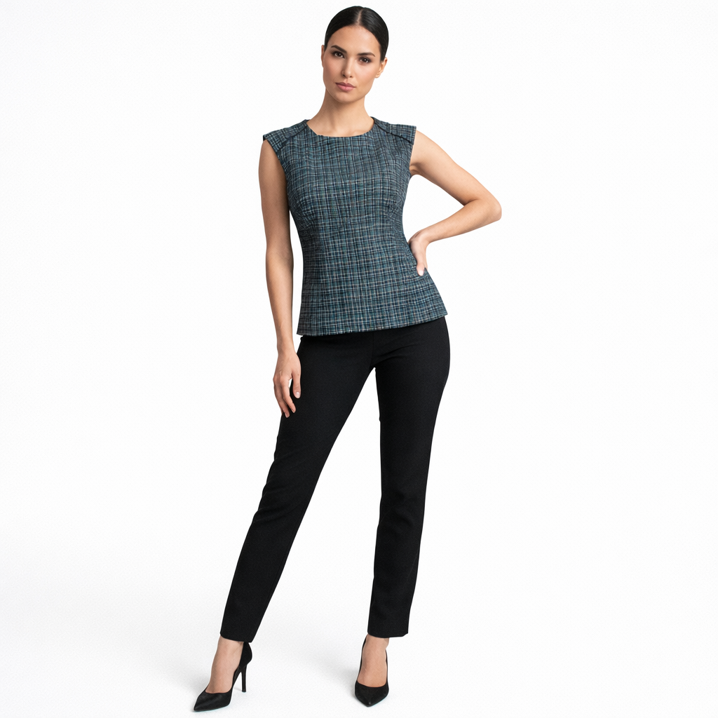 Blusa Social Xadrez Sem Manga Elegante Gola Redonda Moda Casual
