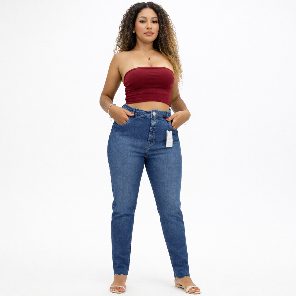 Calça Jeans Feminina Cintura Alta com Faixa Decorativa