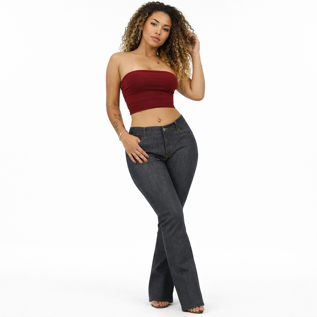 Calça Jeans Feminina Reta Cintura Média Azul Escuro