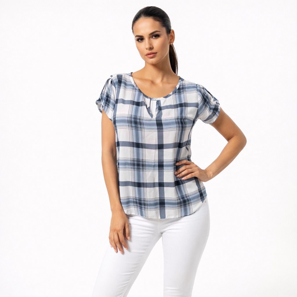 Blusa Feminina Xadrez Manga Curta Tecido Leve Confortável Casual Elegante
