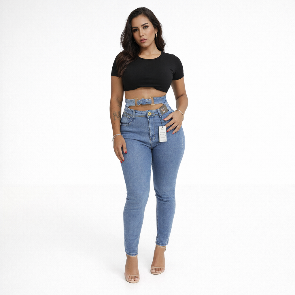 Calça Jeans Feminina Cintura Alta com Faixa Decorativa e Detalhe em Laço