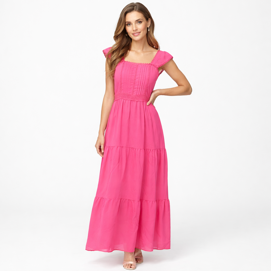 Vestido Longo Rosa Manga Curta Babado Casual Elegante Verão